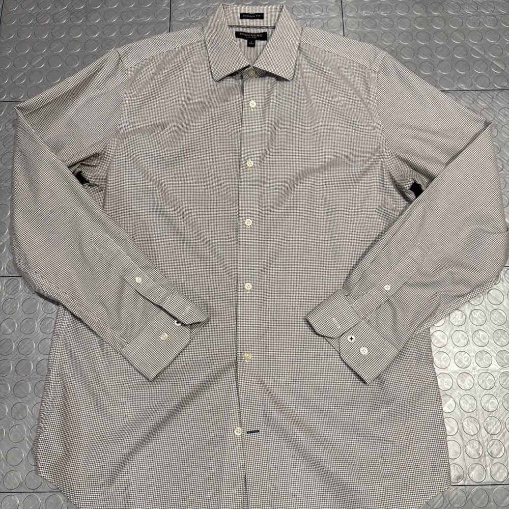 Banana Republic Non-Iron Cotton Camden Fit Button Dress Shirt Houndstooth Gray L